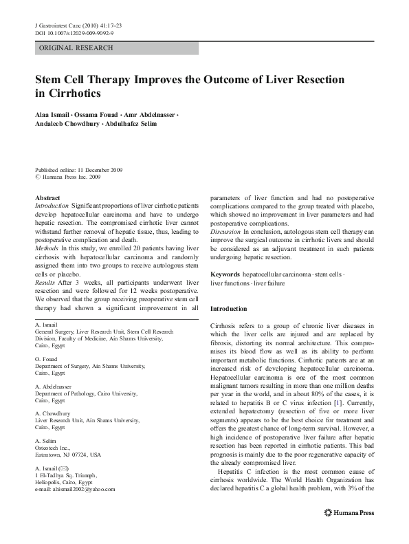(PDF) Stem Cell Therapy Improves the Outcome of Liver Resection in ...