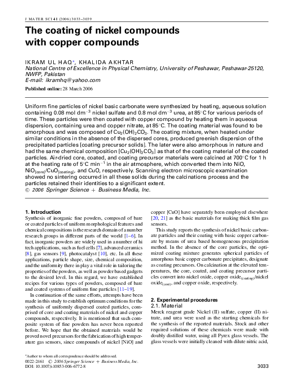 (PDF) The coating of nickel compounds with copper compounds
