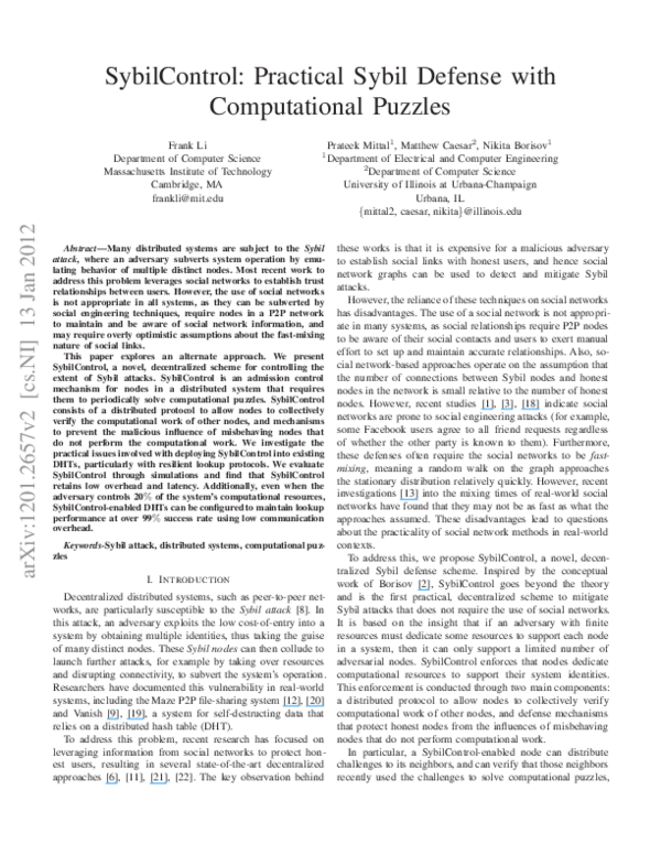 (PDF) SybilControl: Practical Sybil Defense with Computational Puzzles