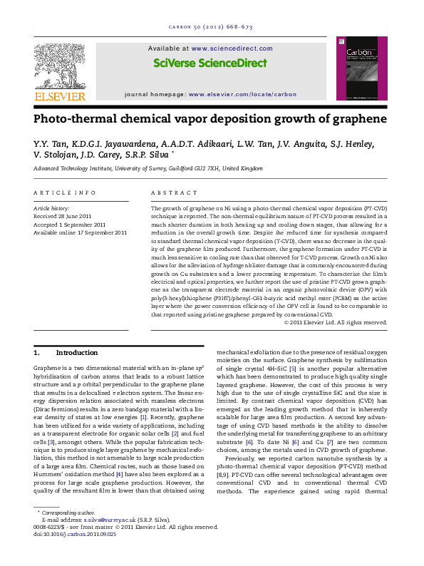 (PDF) Photo-thermal chemical vapor deposition growth of graphene