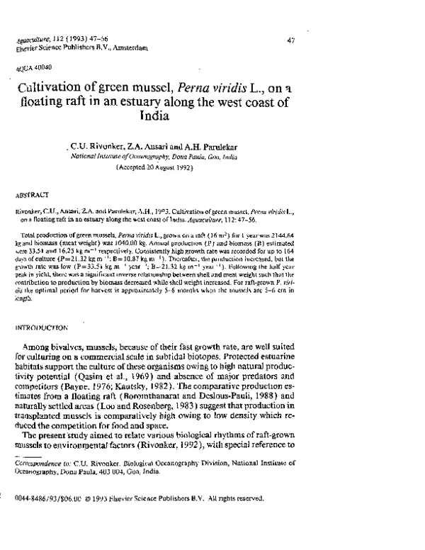 (PDF) Cultivation of green mussel, Perna viridis L., on a floating raft ...