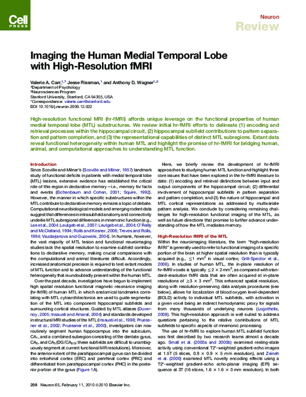 (PDF) Imaging the Human Medial Temporal Lobe with High-Resolution fMRI