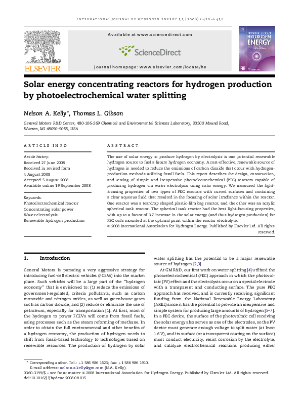 (PDF) Solar energy concentrating reactors for hydrogen production by ...