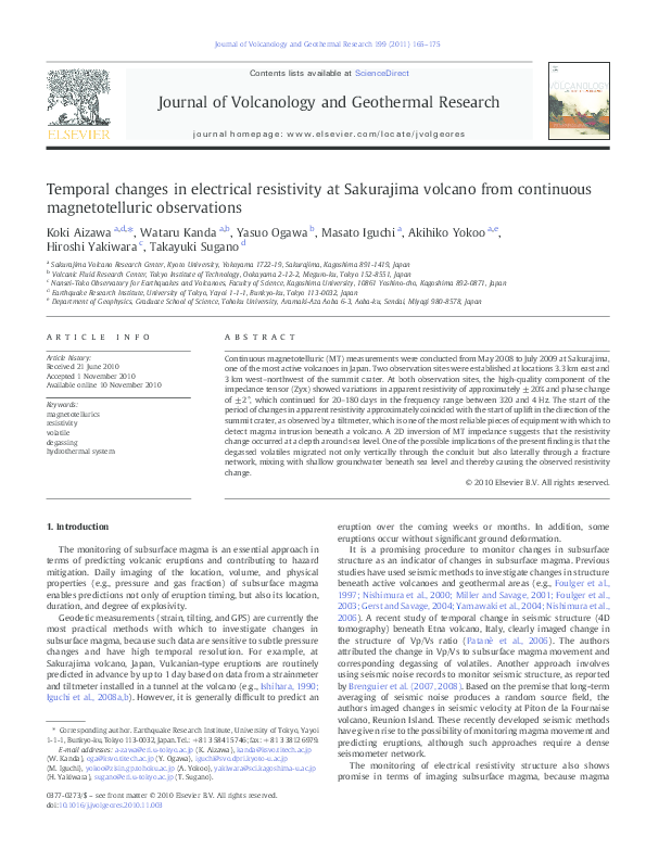(PDF) Temporal changes in electrical resistivity at Sakurajima volcano ...