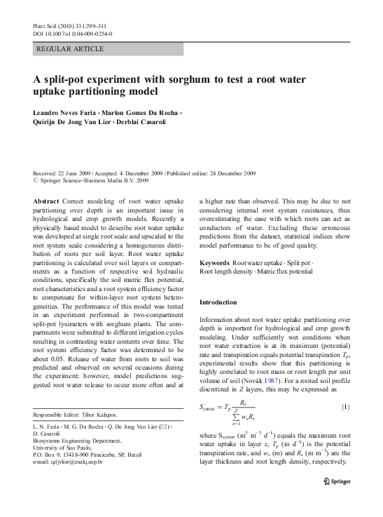 (PDF) A split-pot experiment with sorghum to test a root water uptake ...