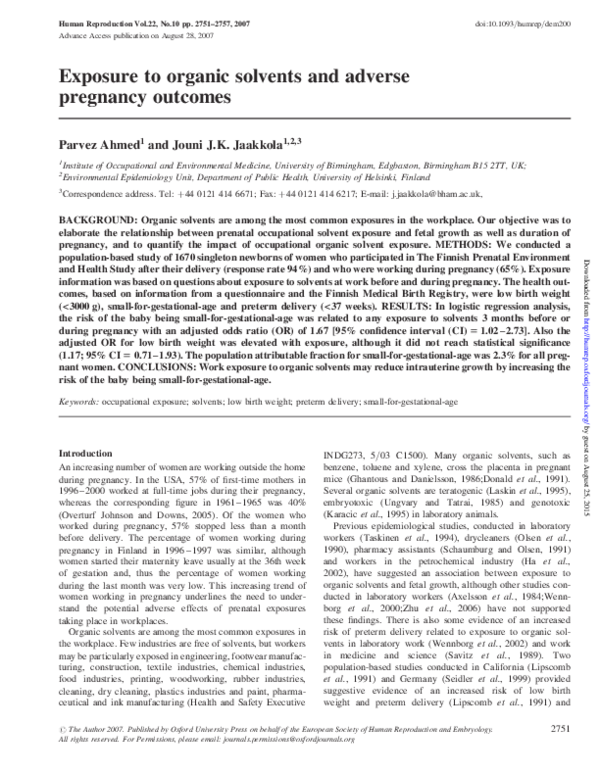 (PDF) Exposure to organic solvents and adverse pregnancy outcomes