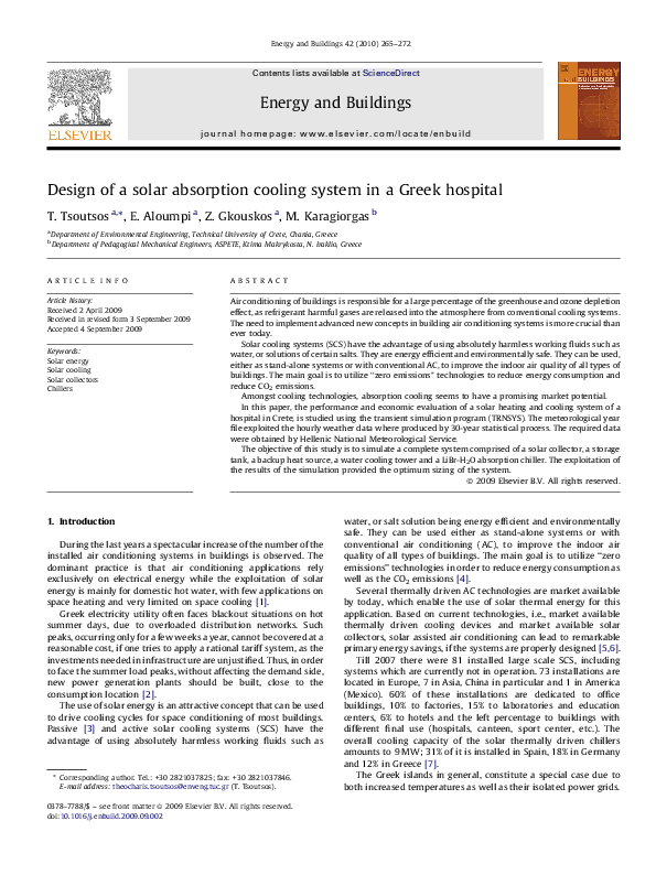 (PDF) Design of a solar absorption cooling system in a Greek hospital