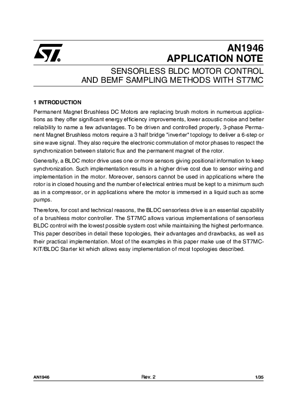AN1946 APPLICATION NOTE SENSORLESS BLDC MOTOR CONTROL AND BEMF SAMPLING ...