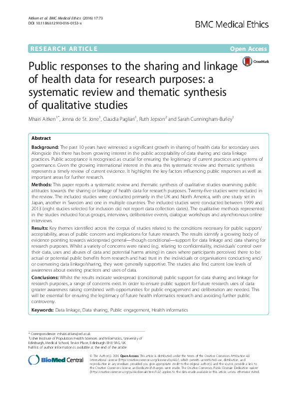 (PDF) Public responses to the sharing and linkage of health data for ...