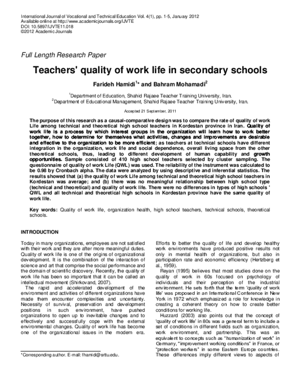 (PDF) Teachers quality of work life in secondary schools