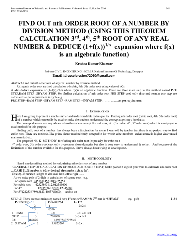 (PDF) FIND OUT nth ORDER ROOT OF A NUMBER BY DIVISION METHOD (USING ...