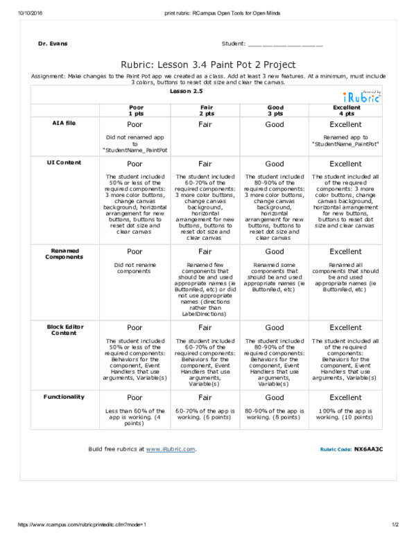 (PDF) Rubric Lesson 3.4 Paint Pot 2 Project Michelle Arubi