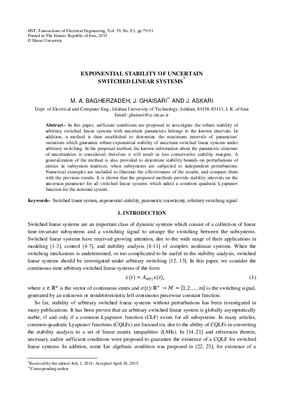 (PDF) EXPONENTIAL STABILITY OF UNCERTAIN SWITCHED LINEAR SYSTEMS