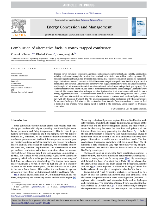 (PDF) Combustion of alternative fuels in vortex trapped combustor