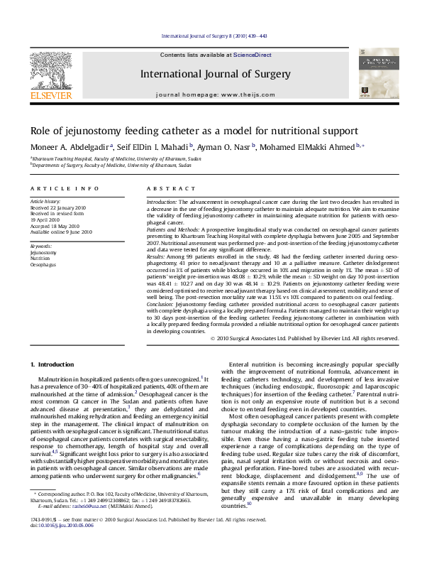(PDF) Role of jejunostomy feeding catheter as a model for nutritional