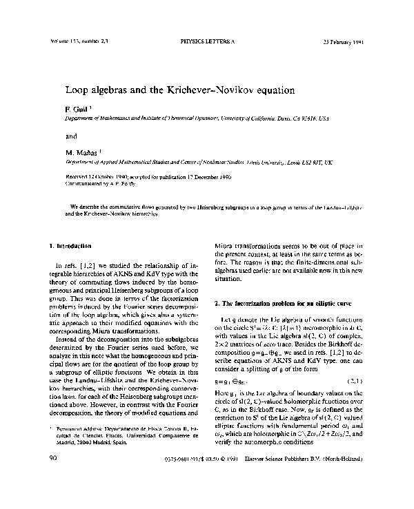 (PDF) Loop algebras and the KricheverNovikov equation Manuel Mañas