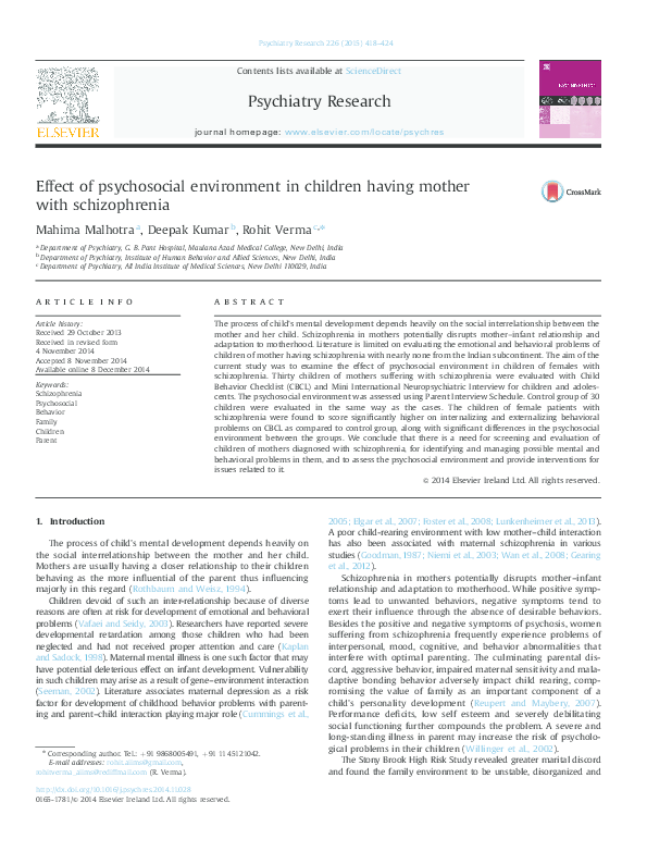 (PDF) “Effect of psychosocial environment in children having mother ...