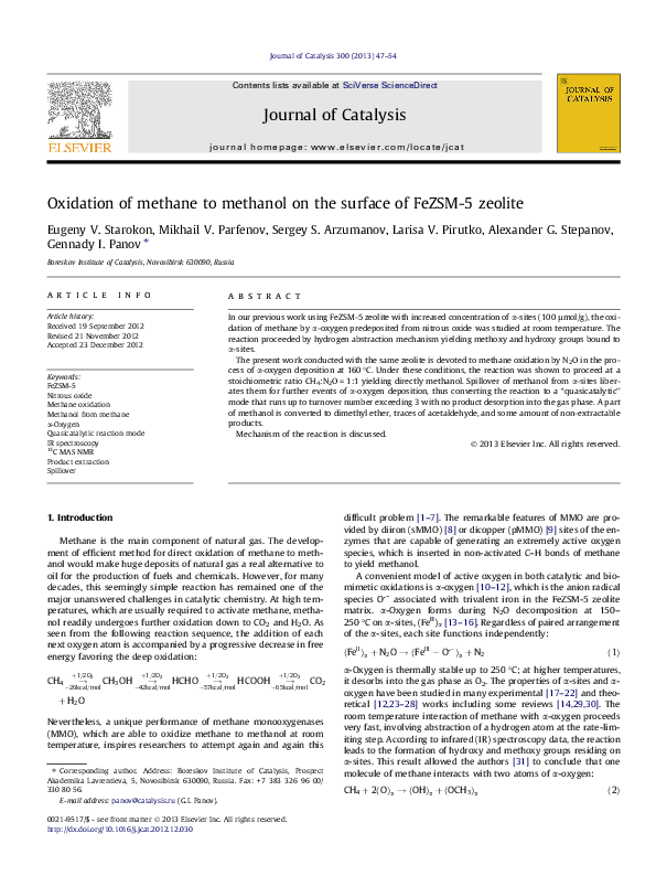 (PDF) Oxidation of methane to methanol on the surface of FeZSM-5 zeolite