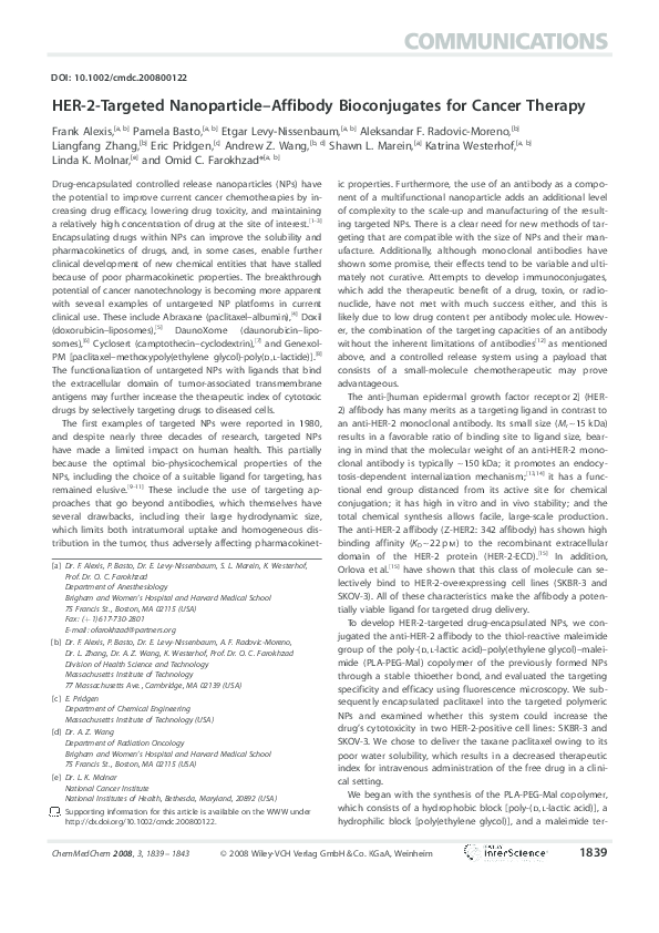 (PDF) HER2-Targeted Nanoparticle-Affibody Bioconjugates for Cancer Therapy
