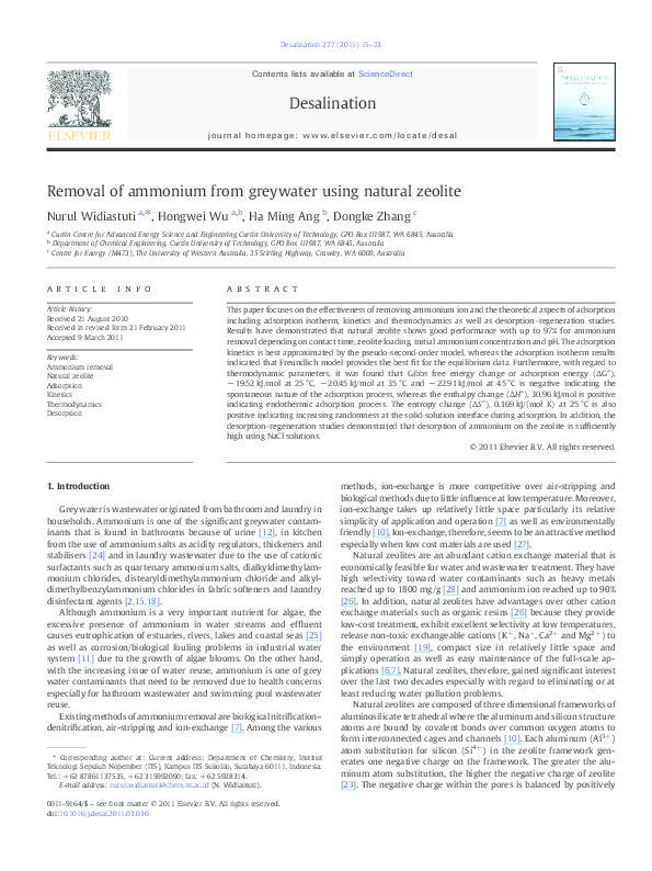 (PDF) Removal of ammonium from greywater using natural zeolite