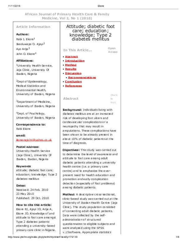 (PDF) Knowledge and Attitude to foot care among diabetic patients
