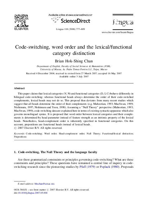(PDF) Codeswitching, word order and the lexical/functional category ...