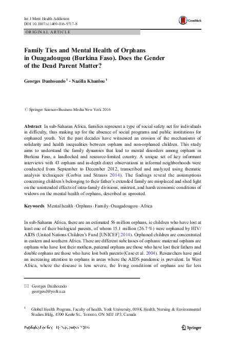 (PDF) Family Ties and Mental Health of Orphans in Ouagadougou (Burkina