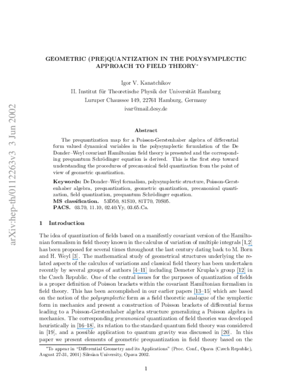 (PDF) Geometric (pre)quantization in the polysymplectic approach to ...