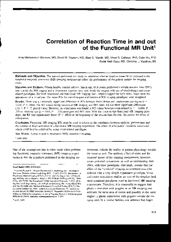 (PDF) Correlation of Reaction Time in and out of the Functional MR Unit
