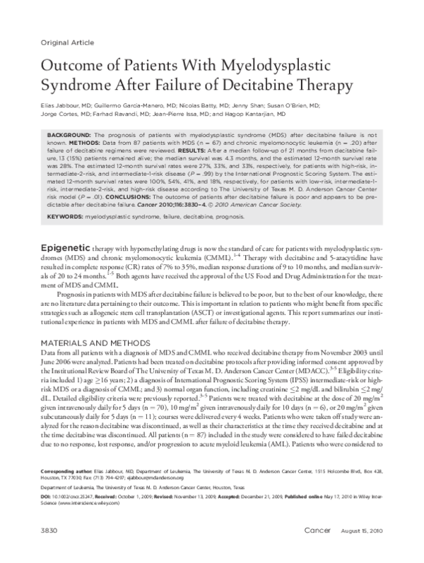 (PDF) Outcome of patients with myelodysplastic syndromes in the ...