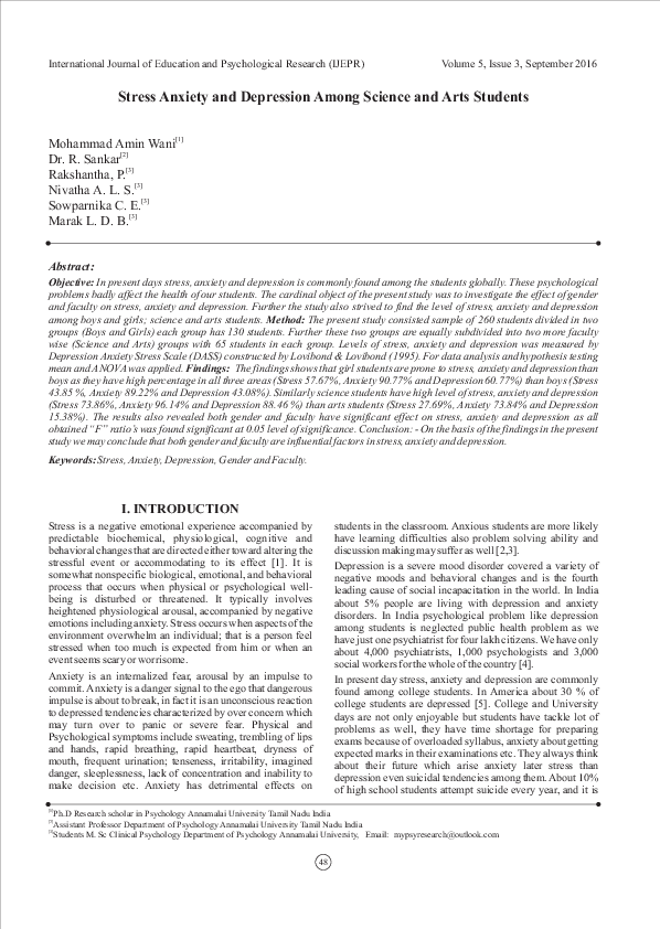 (PDF) Stress Anxiety and Depression Among Science and Arts Students