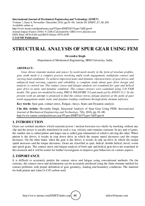 (PDF) STRUCTURAL ANALYSIS OF SPUR GEAR USING FEM IAEME Publication