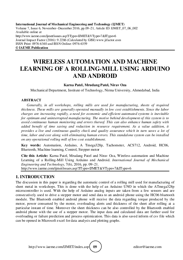 (PDF) WIRELESS AUTOMATION AND MACHINE LEARNING OF A ROLLING-MILL USING ...