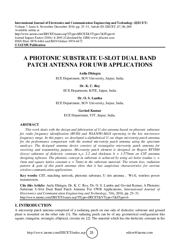 (PDF) A PHOTONIC SUBSTRATE U-SLOT DUAL BAND PATCH ANTENNA FOR UWB ...