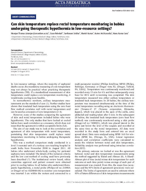(PDF) Can skin temperature replace rectal temperature monitoring in