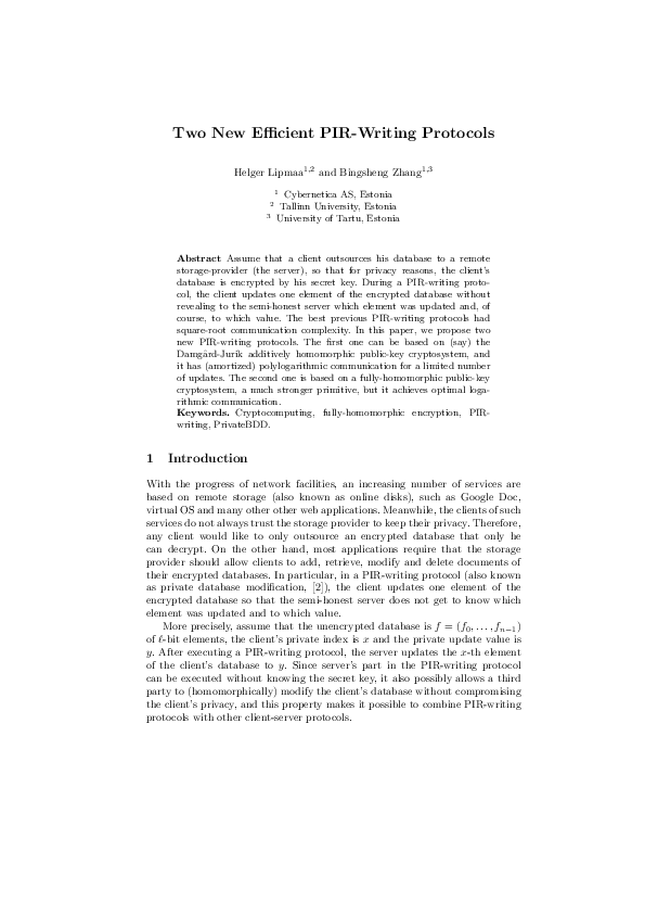 (PDF) Two New Efficient PIR-Writing Protocols
