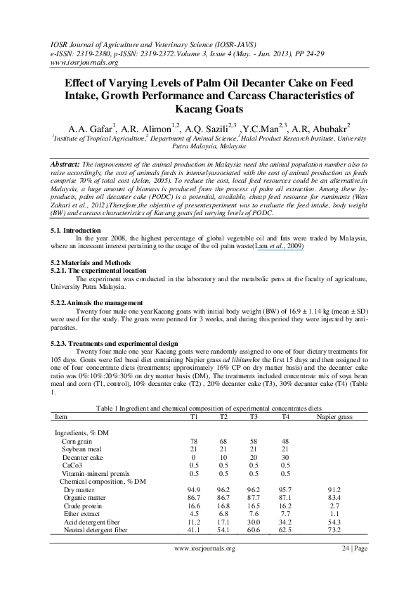 (PDF) Effect of Varying Levels of Palm Oil Decanter Cake on Feed Intake, Growth Performance and