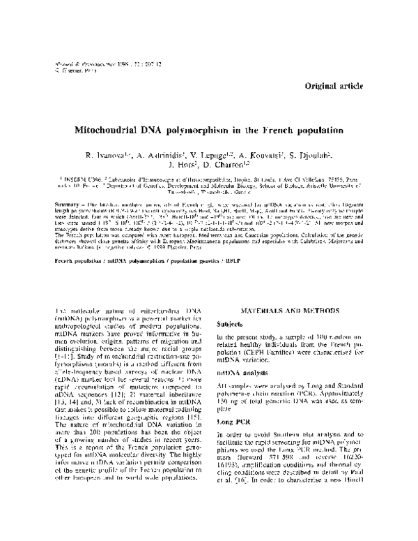 (PDF) Mitochondrial DNA polymorphism in the French population