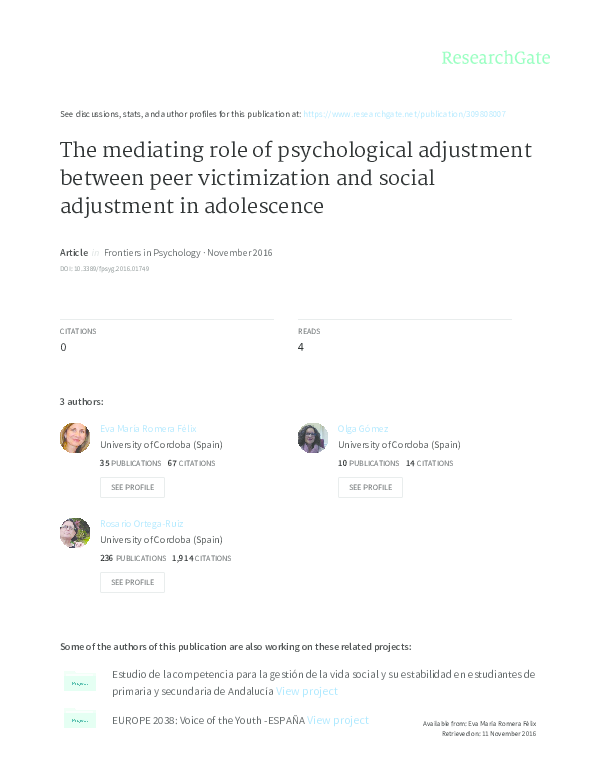 (PDF) The Mediating Role of Psychological Adjustment between Peer ...