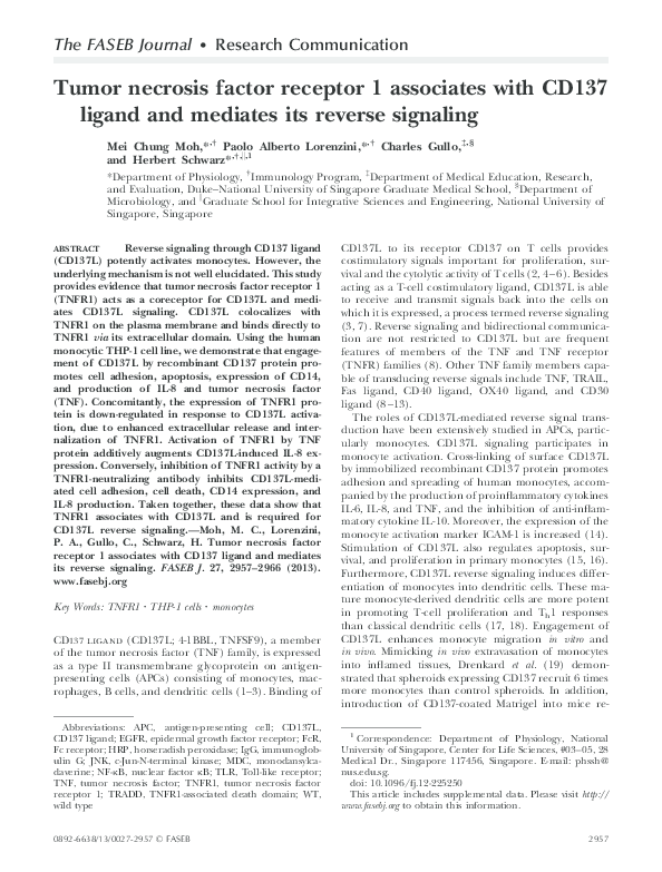 (PDF) Tumor necrosis factor receptor 1 associates with CD137 ligand and ...