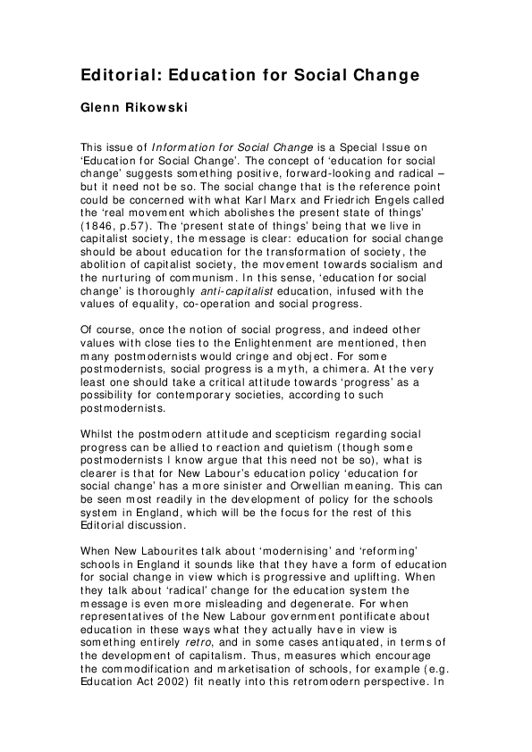 (PDF) Editorial Education for Social Change Glenn Rikowski