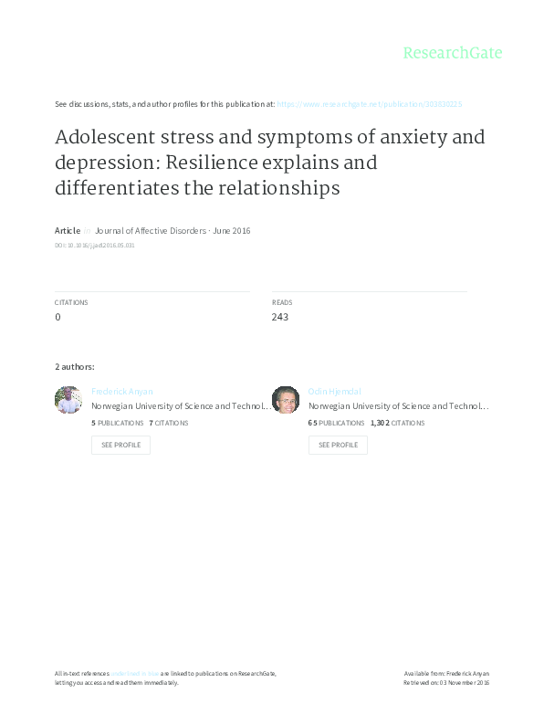 (PDF) Adolescent stress and symptoms of anxiety and depression ...
