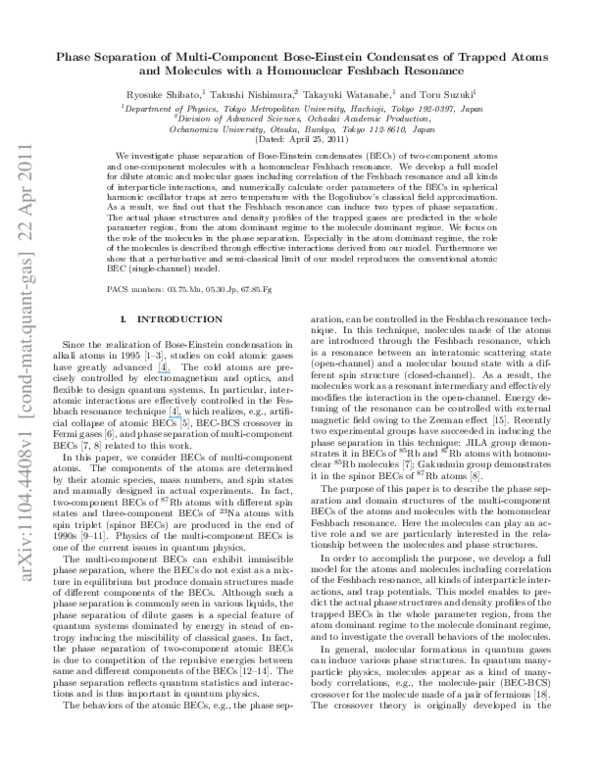 (PDF) Phase separation of Bose-Einstein condensates of trapped atoms ...