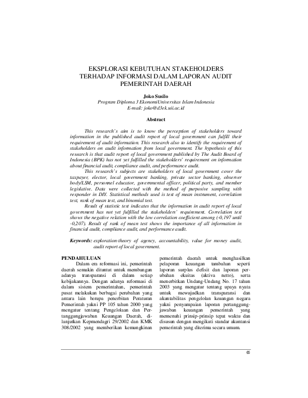 Pdf Eksplorasi Kebutuhan Stakeholders Terhadap Informasi Dalam Laporan Audit Pemerintah Daerah Joko Susilo Academia Edu