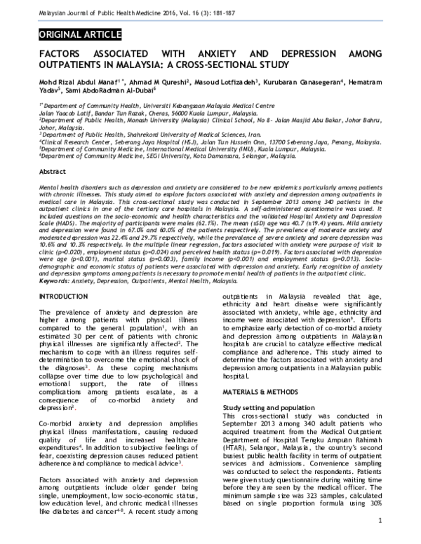 (PDF) FACTORS ASSOCIATED WITH ANXIETY AND DEPRESSION AMONG OUTPATIENTS ...