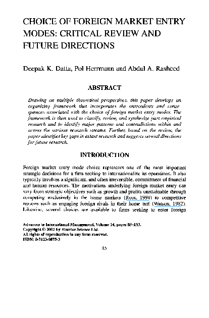 (PDF) Choice of foreign market entry modes: Critical review and future ...