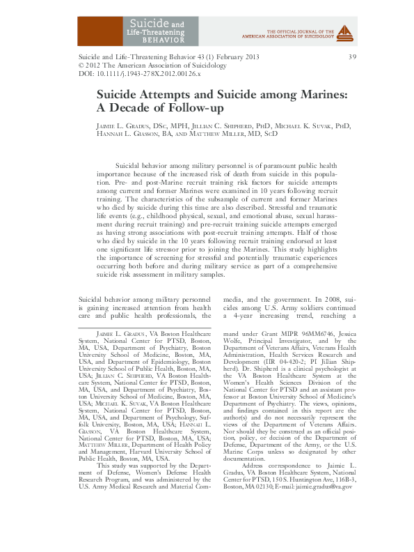 (PDF) Suicide Attempts and Suicide among Marines: A Decade of Follow-up