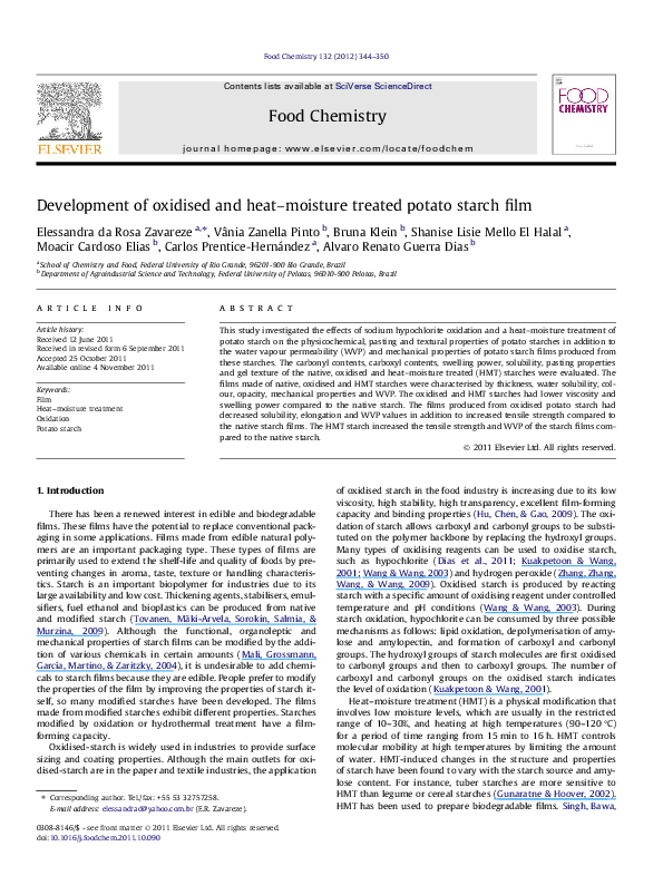 (PDF) Development of oxidised and heat–moisture treated potato starch film