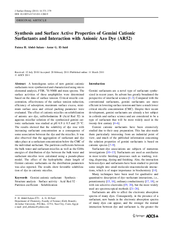 (PDF) Synthesis and Surface Active Properties of Gemini Cationic ...