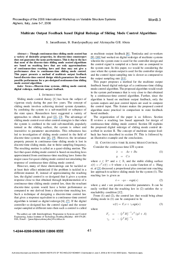 (PDF) Multirate Output Feedback based Digital Redesign of Sliding Mode ...